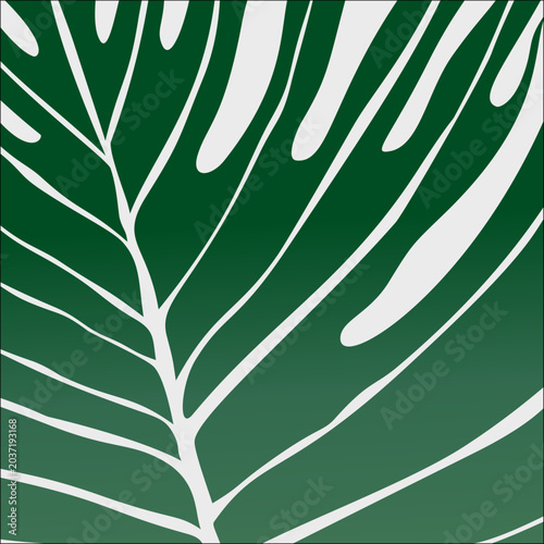 A minimalist vector-style illustration featuring the iconic silhouette of a Swiss cheese plant leaf (Monstera). The artwork uses a striking two-tone color palette of deep teal-green and crisp white