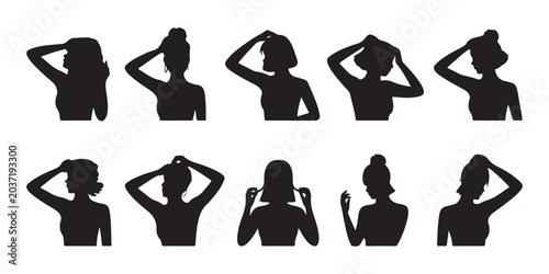 Schilderij op canvas Collection of black silhouettes showing women arranging their hair for beauty and lifestyle media concepts