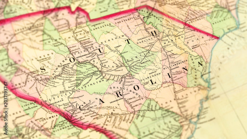 Canvastavla Macro View of Vintage Map Highlighting South Carolina USA with Detailed Geograph
