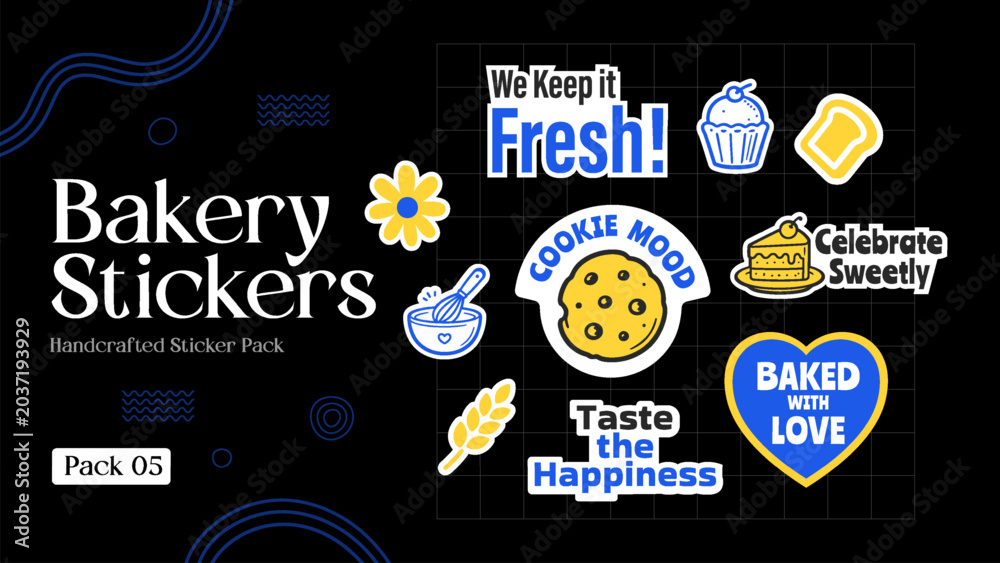 Naklejka premium Bakery Sticker Bundle with Donuts, Cupcakes, Cookies and Freshly Baked Typography
