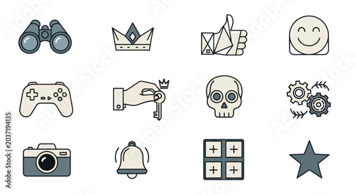 Set of Icons: Binoculars, Crown, Broken Thumb, Smiley, Controller, Key, Skull, Gears, Camera
