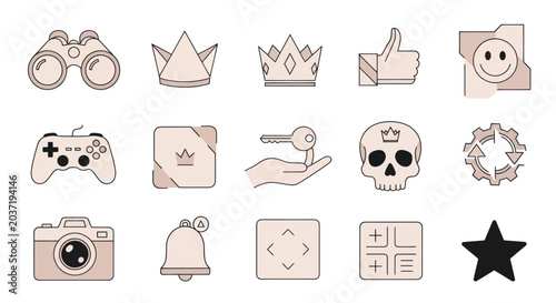 Set of Icons: Binoculars, Crown, Thumbs Up, Gamepad, Camera, Skull, Star