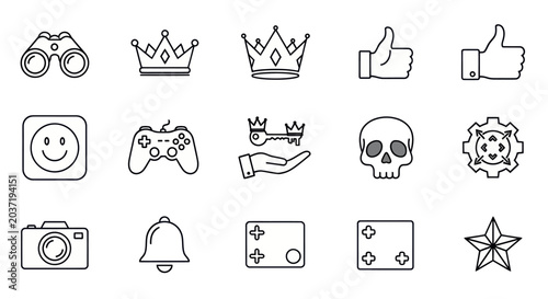 Set of Icons: Binoculars, Crown, Thumbs Up, Smiley, Game Controller, Skull, Camera