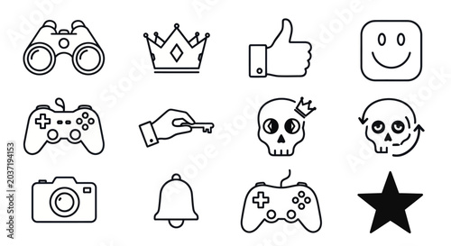 Set of Icons: Binoculars, Crown, Thumbs Up, Smiley, Gamepad, Key, Skull, Camera, Bell, Star
