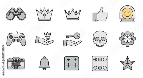Set of Icons: Binoculars, Crowns, Thumbs Up, Game Controller, Skull, Camera