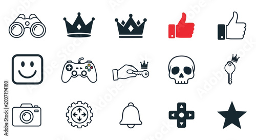 Set of icons: binoculars, crowns, thumbs up, smile, game controller, key, skull, camera, gear, bell, star