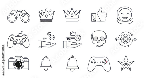 Set of Icons: Binoculars, Crowns, Thumbs Up, Gaming Controller, Camera, Skull, Star