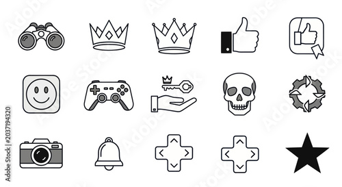 Set of Icons: Game Controller, Camera, Star, Skull, Thumbs Up, Binoculars