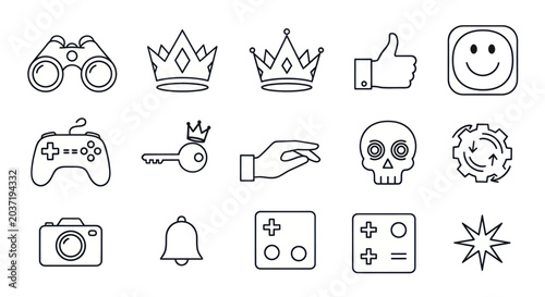 Set of Icons: Gaming, Royalty, Success, and Social Media Symbols