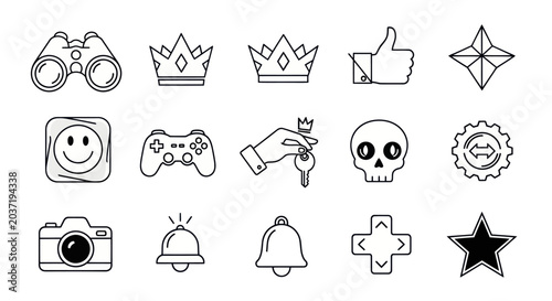 Set of Icons: Gaming, Royalty, Communication, and Technology Symbols
