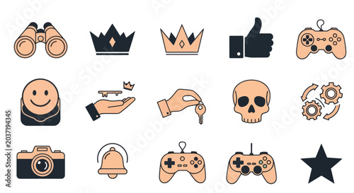 Set of Icons: Gaming, Royalty, Success, and Technology Symbols