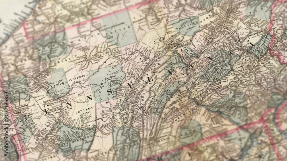 Fototapeta premium Macro View of Vintage Map Highlighting Pennsylvania USA with Detailed Geographic Cartography