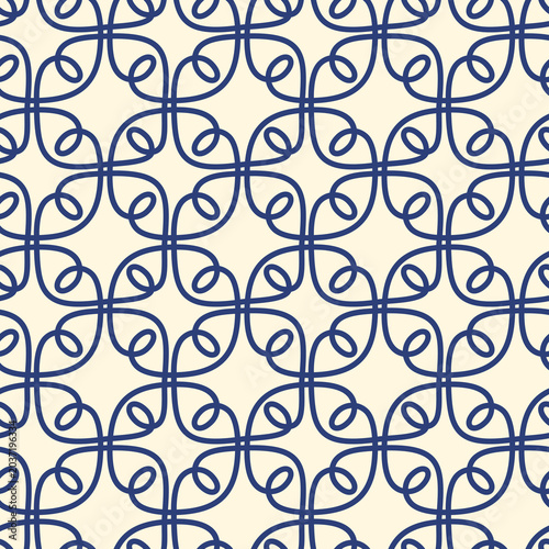 Playful hand drawn geometric ornament tile wallpaper in blue and beige colors. Vector illustration