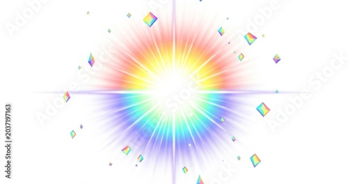 A radiant burst of prismatic light and crystalline gems shimmers against a pure white backdrop.