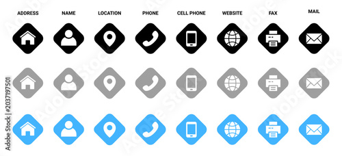 Contact information icons in black, grey, and blue represent address, name, location, phone, cell phone, website, fax, and email for business card design.