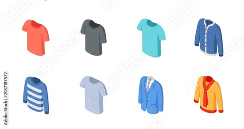 A versatile collection of modern isometric clothing icons for fashion and design projects.