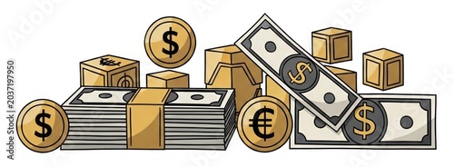 A vibrant illustration of wealth and prosperity featuring stacks of cash, gold coins, and cubic assets.