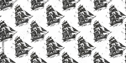 Canvas-taulu Sailing ship pattern black and white vector illustration with repeating design