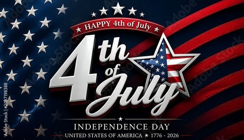 A patriotic Independence Day graphic with a dark blue background featuring white stars and red stripes inspired by the American flag, bold central text ‘4th of July’ with decorative stars and a star