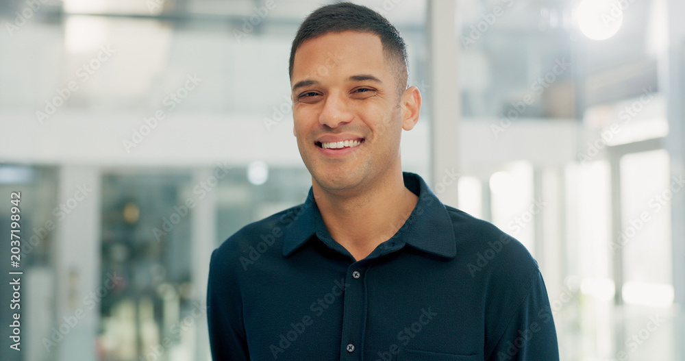 Fototapeta premium Portrait, business and man with smile in office for career pride, about us and journalist. Happy, male person and ambition with confidence, positive attitude and news reporter at publication agency