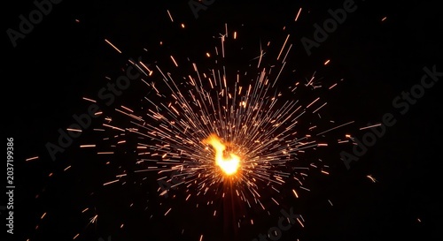 Bright burning sparkler firework with flying sparks against dark background.