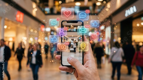A hand holding a smartphone displaying social media icons in a bustling shopping mall, blending digital interaction with everyday life