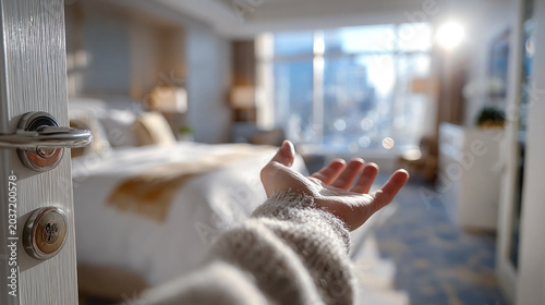 A hand inviting into Modern design room interior in blurred background, accommodation, hotel, housing, real estate agent, business concept