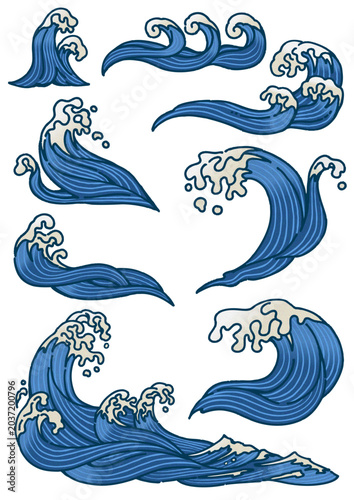 和風の手描きの波のイラストセット