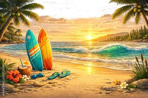 Canvas Print tropical sunset, surfboards and palms, beach sunset, tropical beach, surf lifest