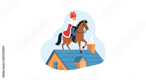 Fotografie Saint Nicholas on Horseback Over Rooftop
