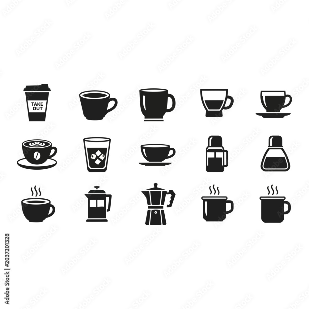 Obraz premium Coffee cup icon set, black silhouette, white background