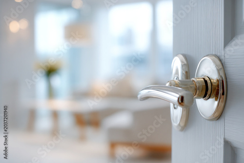 Modern design door handle, partially revealing room interior in blurred background, accommodation, hotel, housing, real estate business