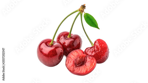 Group of fresh red cherries sweet juicy summer berries on transparent background