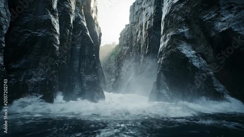 Majestic Waterfall Cascading Through Rocky Gorge in Nature Scene.