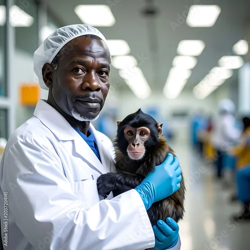 Fototapeta na wymiar A man in a lab coat holding a monkey