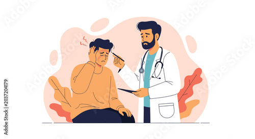 Doctor Examining Patient with Headache and Fever Healthcare Concept