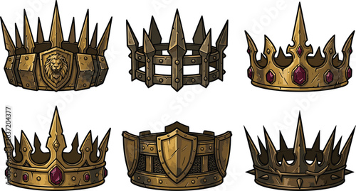 Bild auf Leinwand Dark fantasy medieval crown vector illustration set featuring sharp spikes warrior shields lion emblems and red gems for gaming icons and heraldic emblems