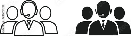 Customer service team icon set line art and solid silhouette versions