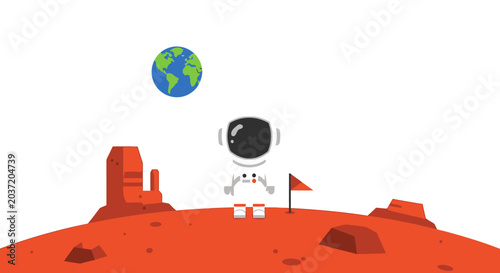 Vászonkép Astronaut on Mars with Earth in the sky, flat design