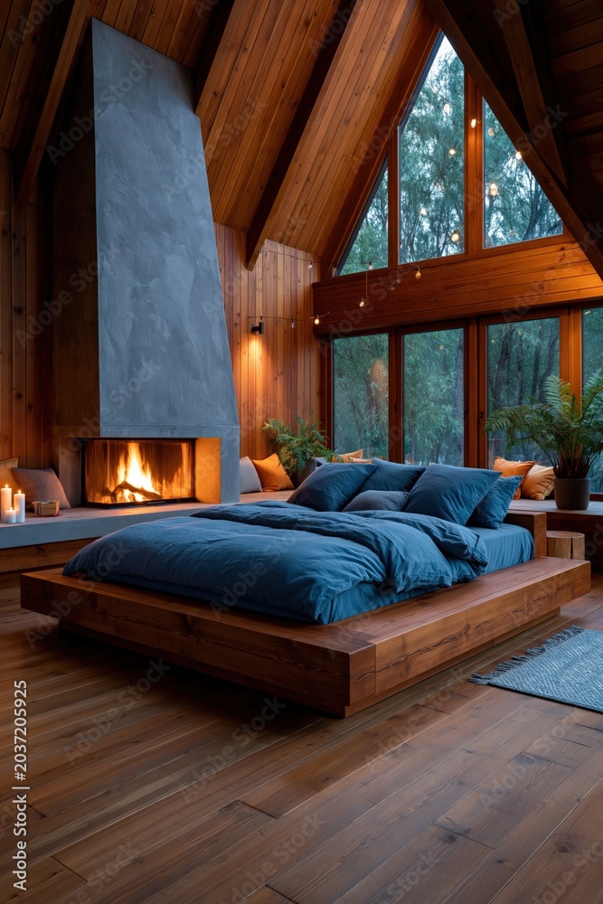 Naklejka premium Cozy wooden a frame bedroom interior with fireplace and large windows for cabin bedroom background and hygge interior design
