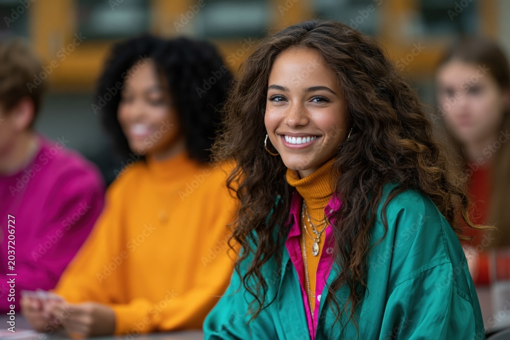 Fototapeta premium Confident smiling young woman student in a classroom group for education banner and college background design