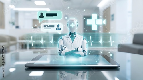 Futuristic healthcare concept AI chatbot assisting with medical information and virtual communication on a digital tablet in a modern clinic