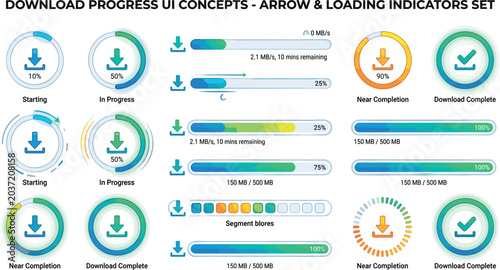 User interface download progress bars and loading indicators vector set showing percentage status data transfer speeds and completed upload states for dashboard design