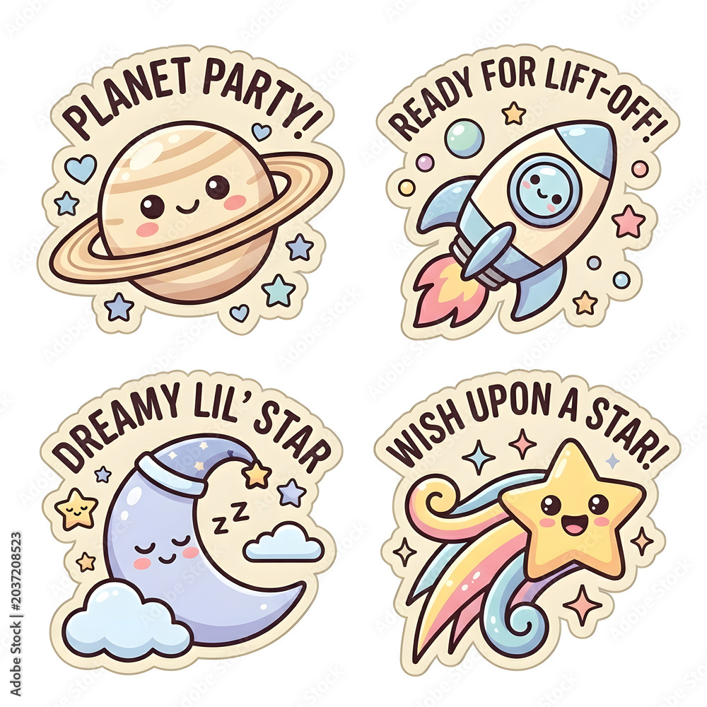 Fototapeta premium Kawaii Space Adventure Sticker Set with Cute Planet Rocket Moon and Shooting Star Illustrations