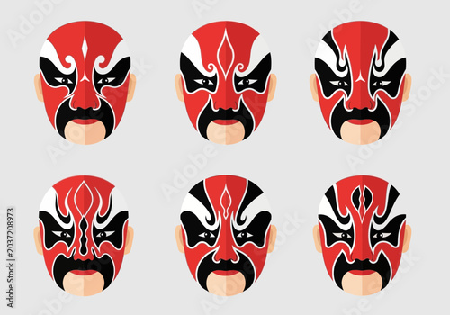 Six colorful, stylized masks with dramatic facial features are displayed in two rows of three.