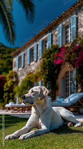 Light yellow Labrador retriever dog lying down on a green lawn in front of a Mediterranean villa