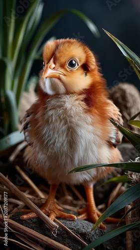 Fluffy baby chick standing on the ground among green plants in a garden setting