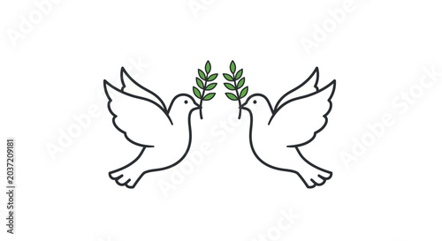 Two white doves with green olive branches in their beaks, symbolizing peace and harmony.