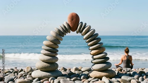 Arch of balanced stones on a pebble beach with a person meditating in the background by the sea