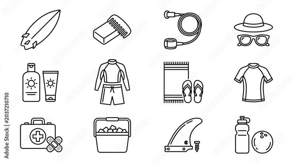 Fototapeta premium Beach and Outdoor Essentials Icon Set